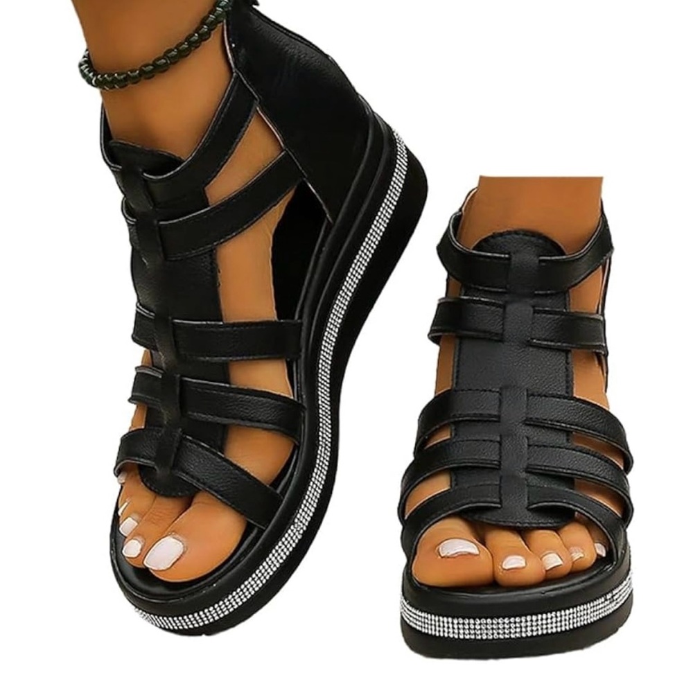 Black Strappy Sandals with Rhinestone Accents